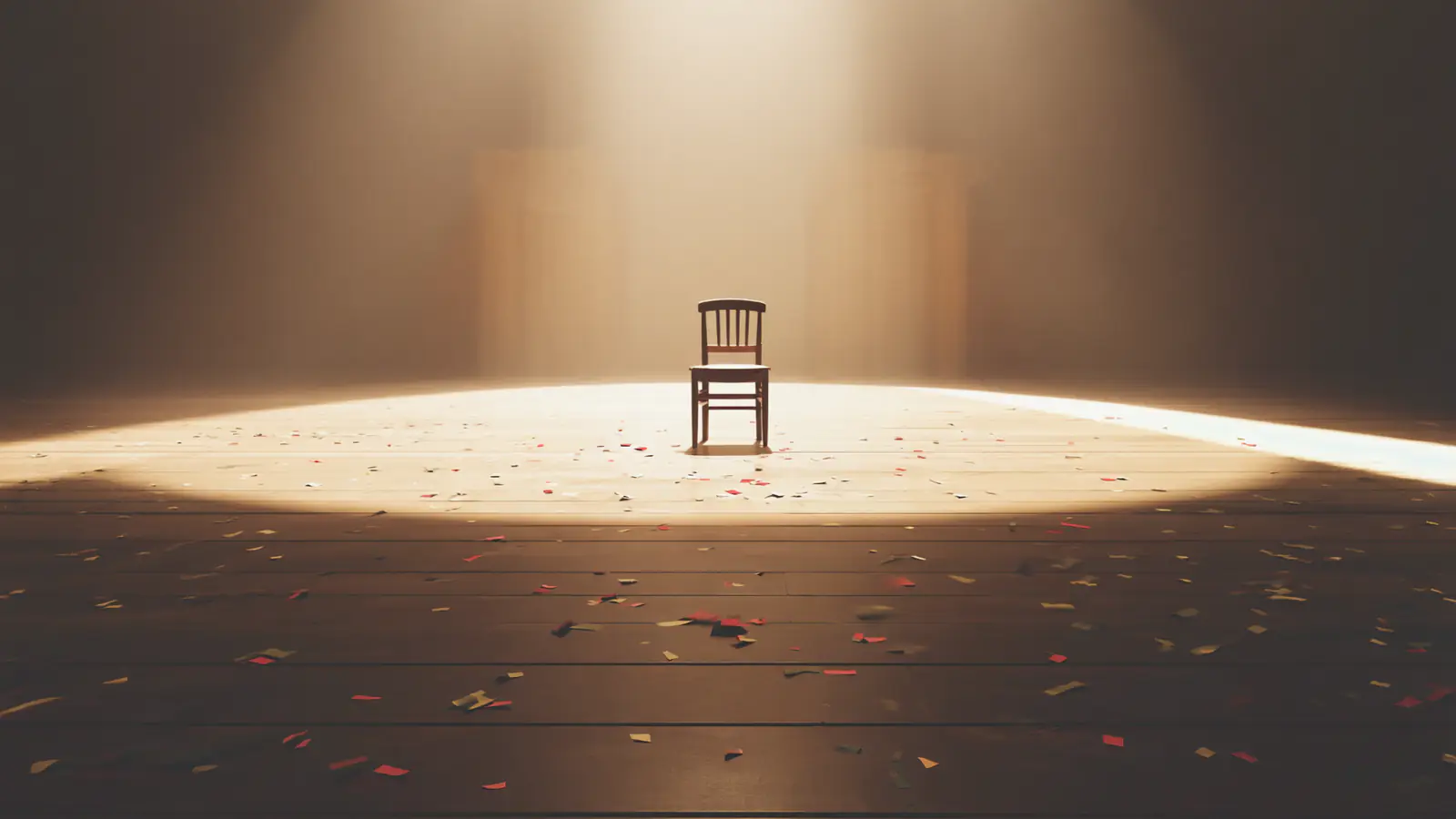 A single spotlit chair alone on a stage, the seats beyond it lost in darkness