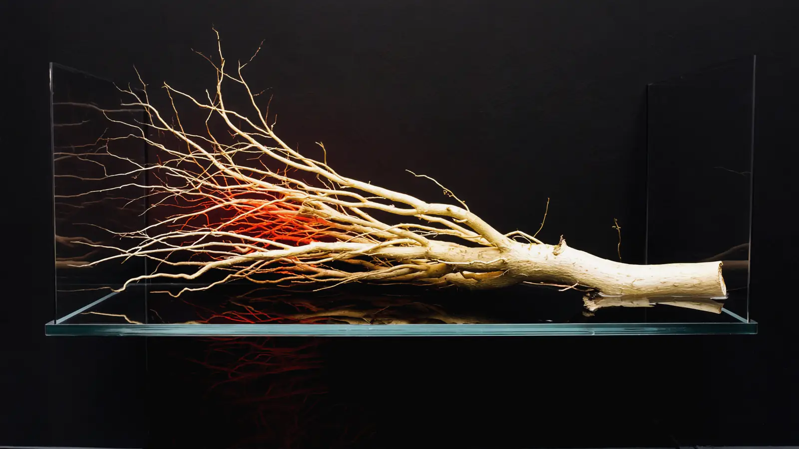 One root specimen: a wild ember-red tangle at one end resolving into clean pale fibre at the other