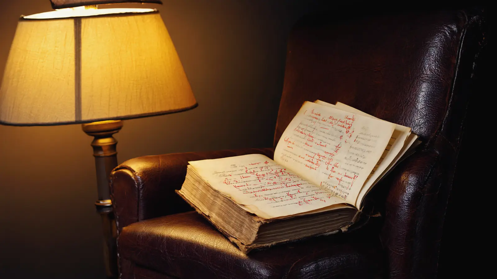 A dark reading room, one chair lit gold, a book open on the arm of it