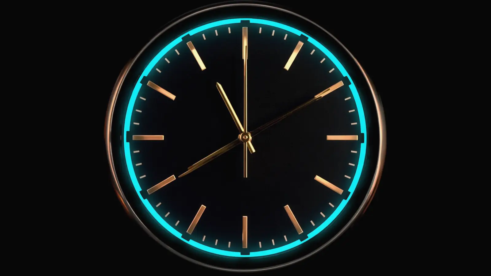 The face of a black clock with brass hands, ringed in cyan light