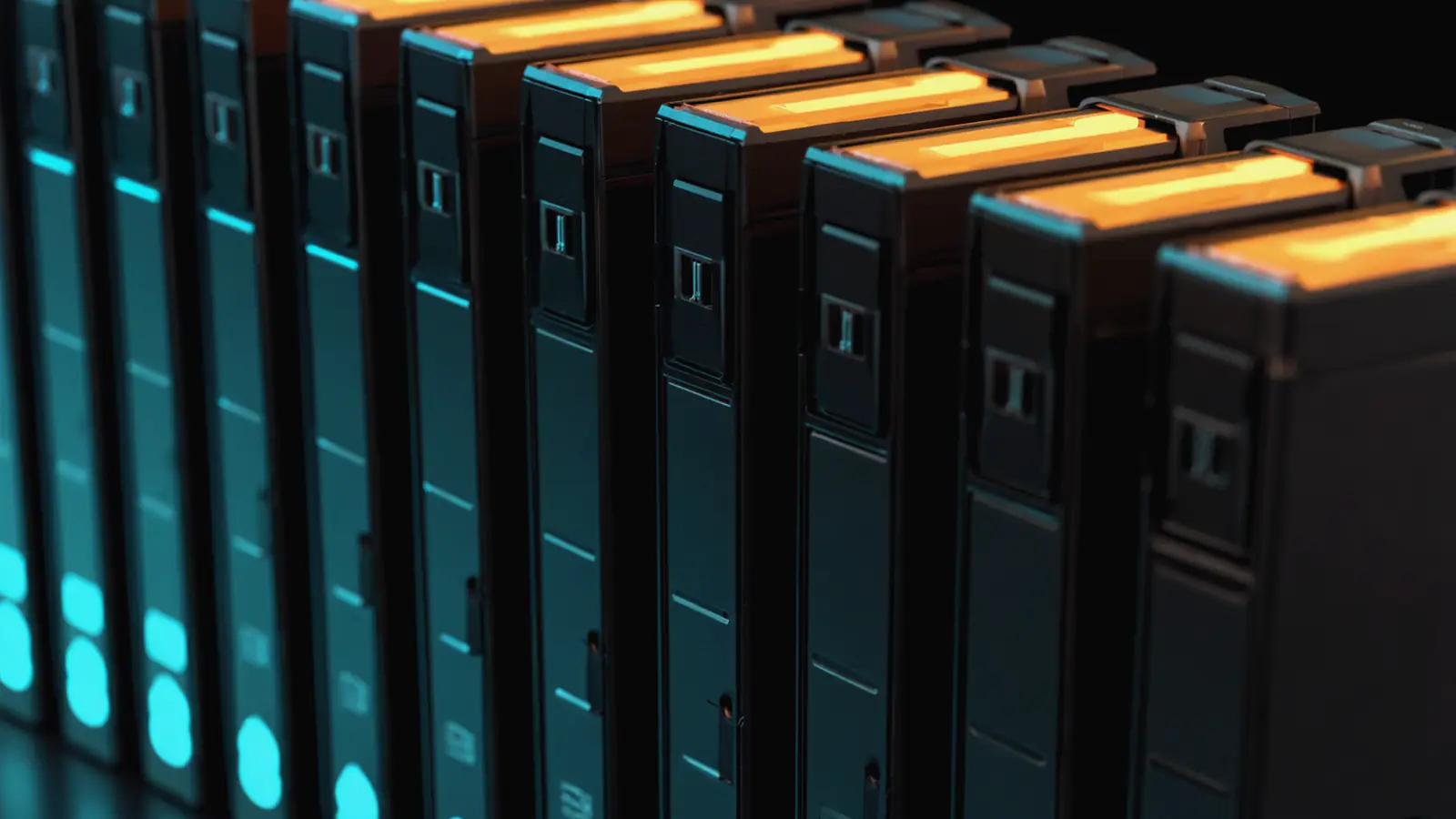 A row of identical black drives receding into darkness, each lit along one amber seam