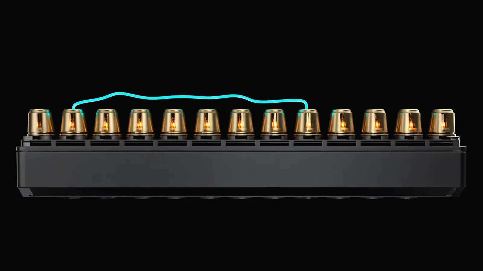 A row of brass sockets in a black bar, each pouring amber light, one cyan filament threaded through them all