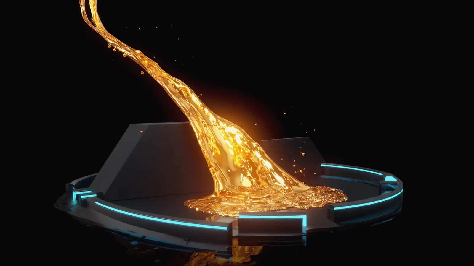 A stream of molten gold light splitting into one wide channel and one narrow one