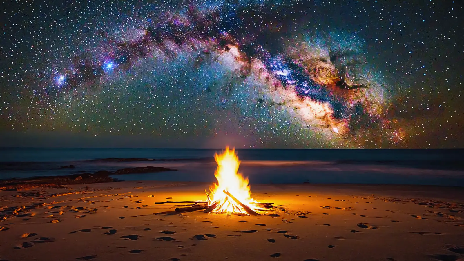 A driftwood fire on an empty beach under the full arch of the Milky Way