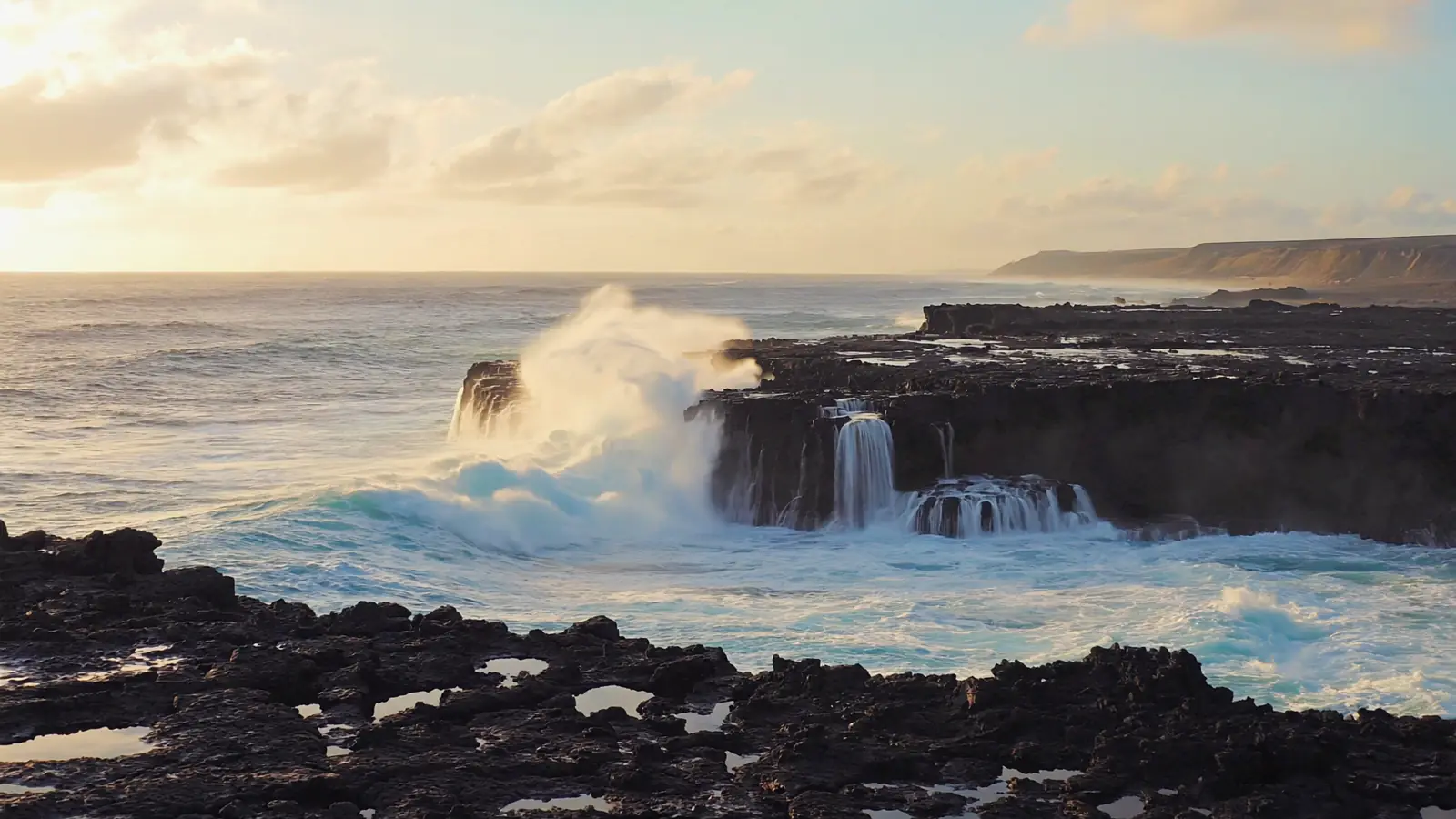 Cold Pacific water breaking over a shelf of black volcanic rock in low gold light