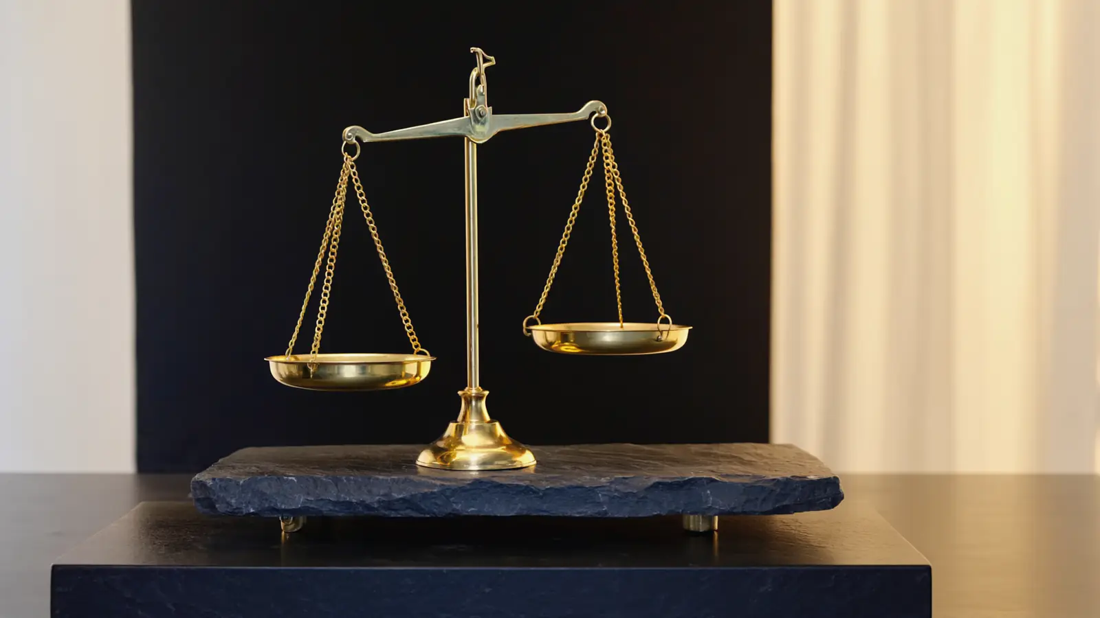 The brass beam and hanging chains of a balance scale, resting exactly level in the dark
