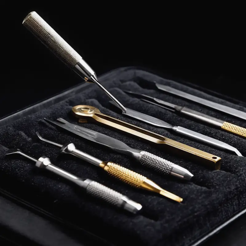 A row of watchmaker hand tools laid out in order on black velvet